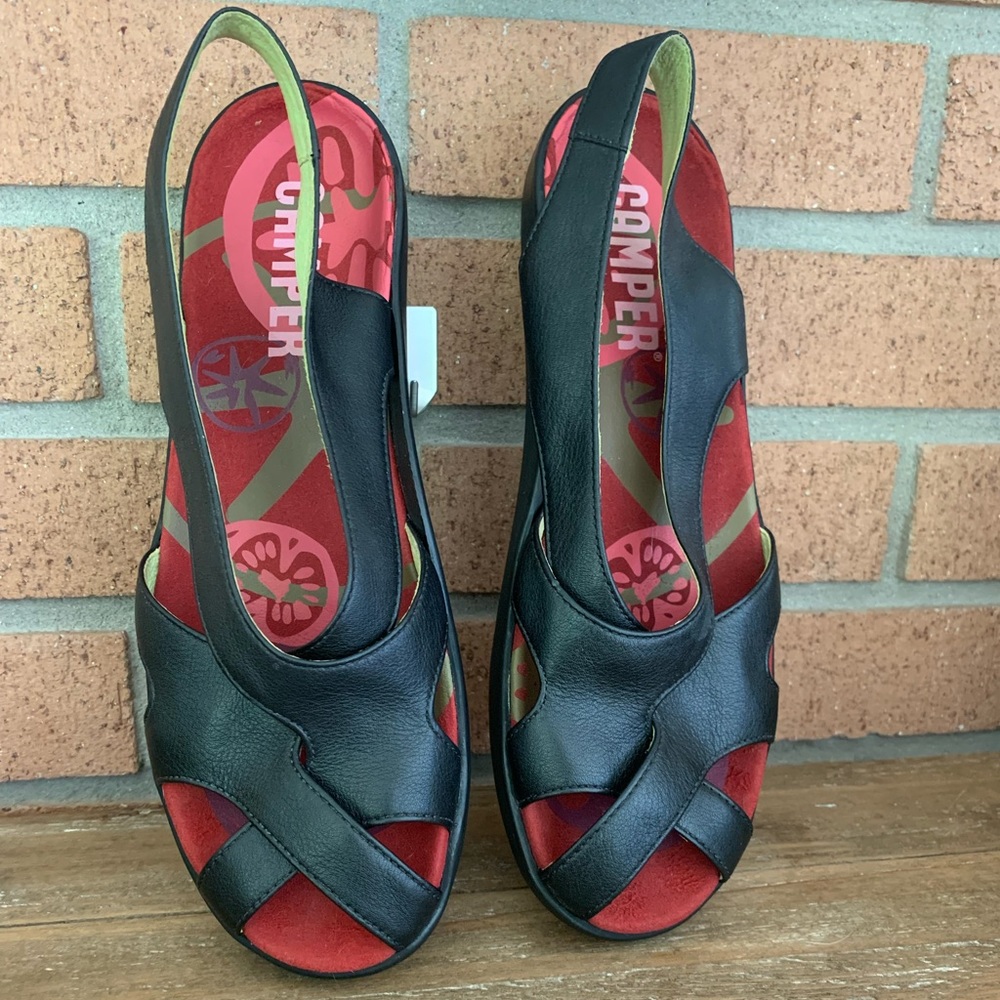 EUC Camper Sandals black leather flats, size 41/10